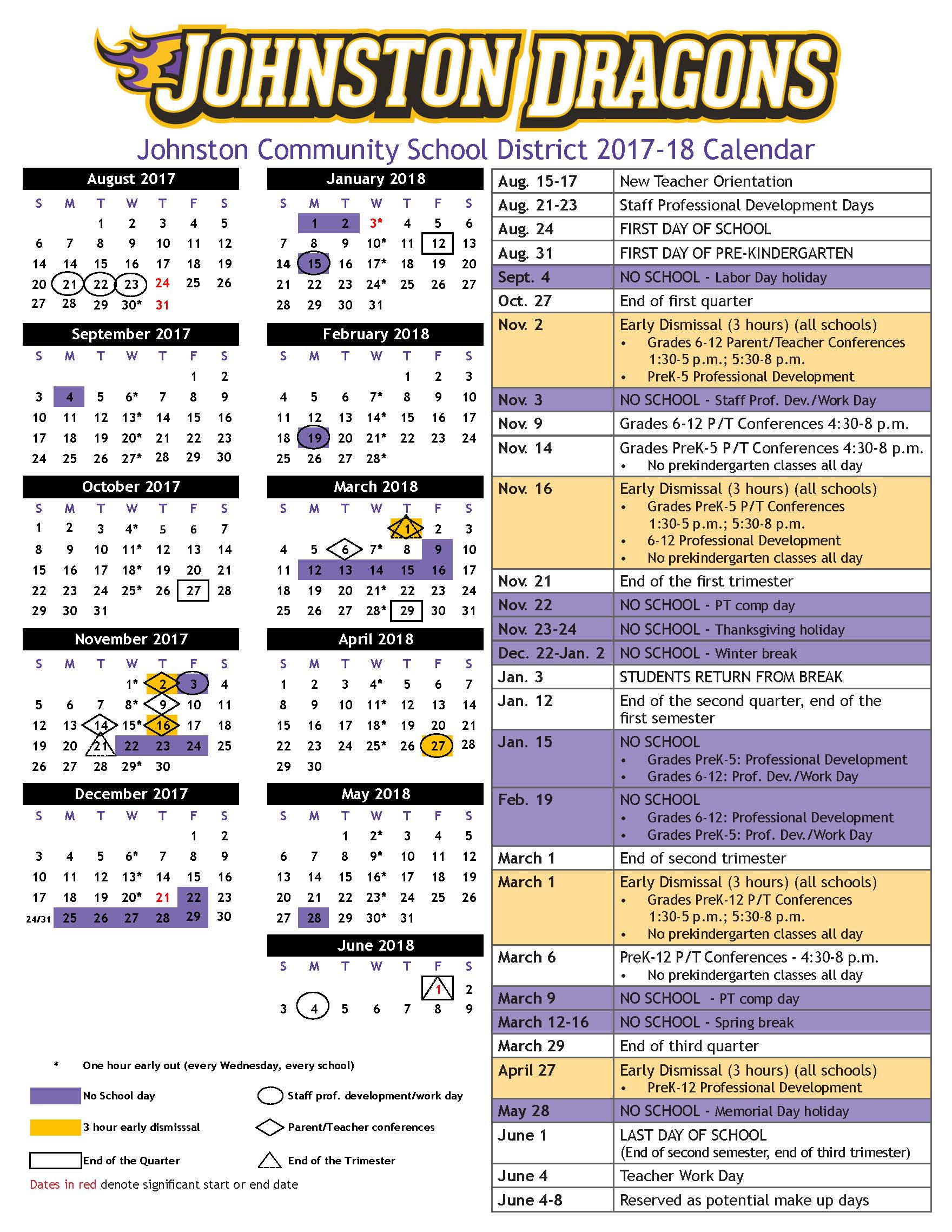 2017-18 Academic Calendar Approved - Johnston Community School District